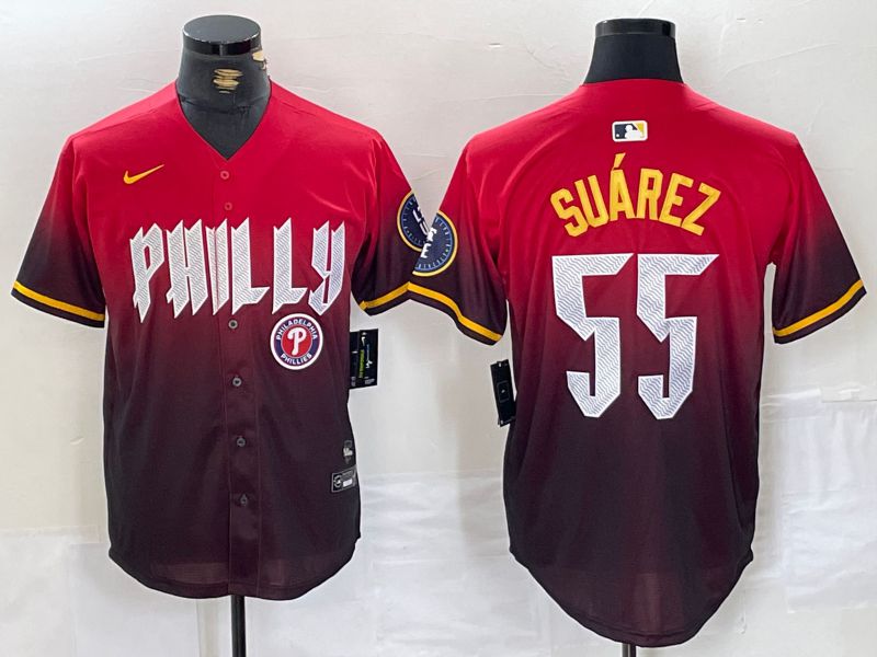 Men Philadelphia Phillies 55 Suarez Red City Edition Nike 2024 MLB Jersey style 2